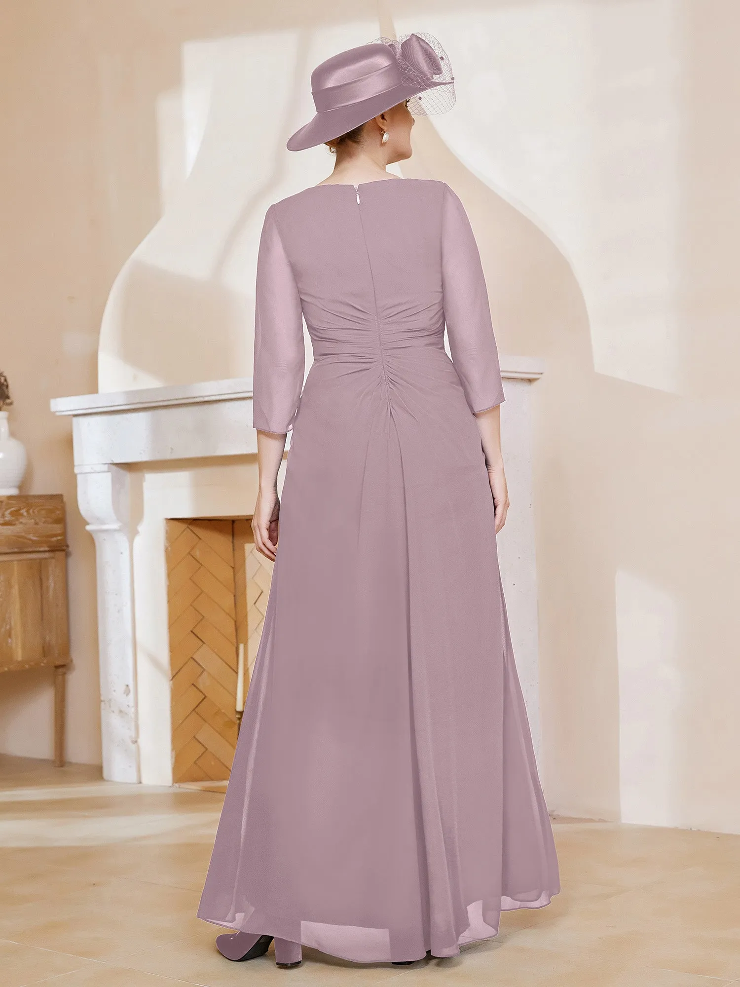 3/4-Length Sleeves V-neck Pleated Long Dress Dusk