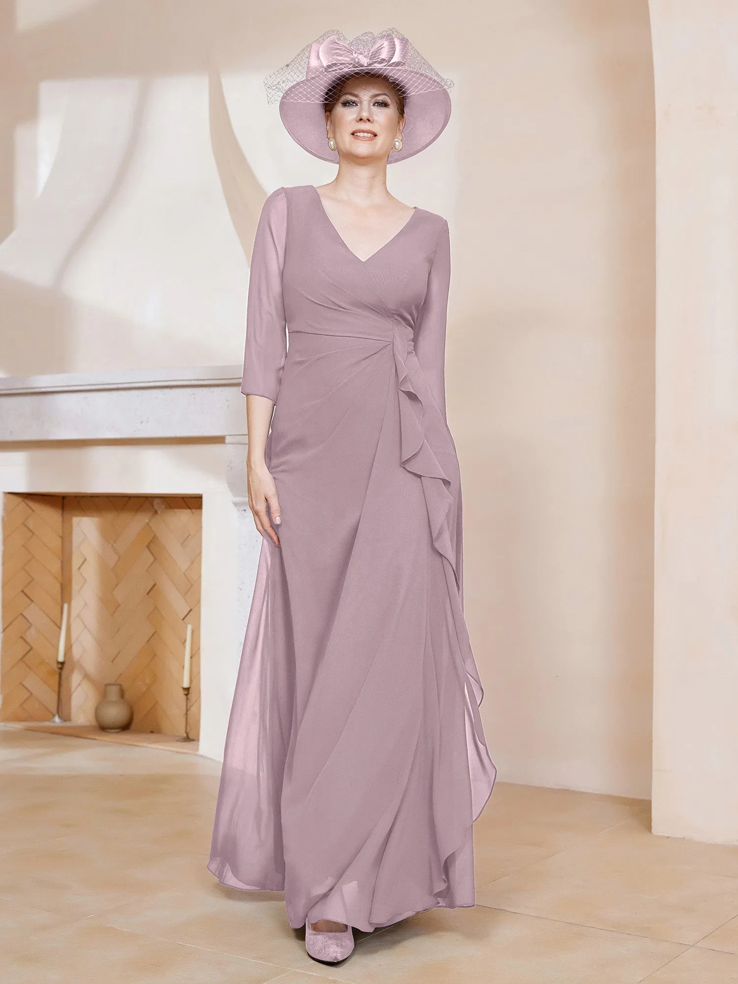 3/4-Length Sleeves V-neck Pleated Long Dress Dusk