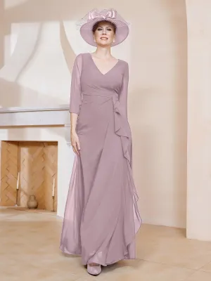 3/4-Length Sleeves V-neck Pleated Long Dress Dusk