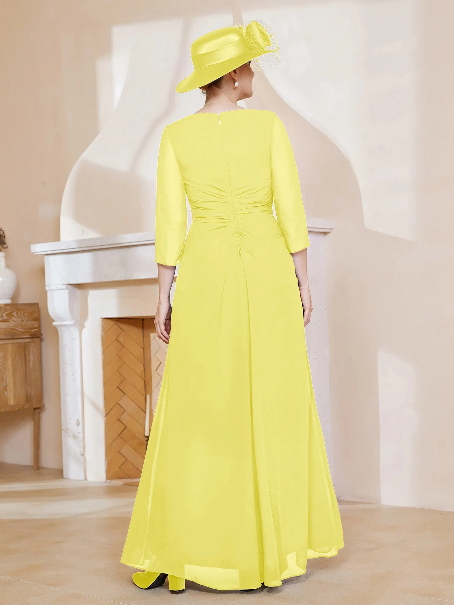 3/4-Length Sleeves V-neck Pleated Long Dress Lemon
