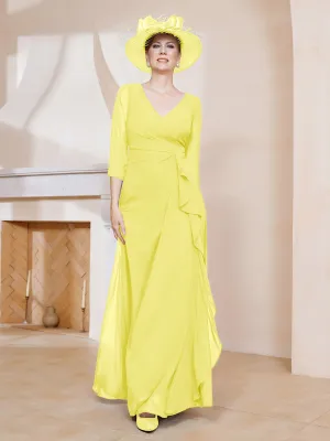 3/4-Length Sleeves V-neck Pleated Long Dress Lemon