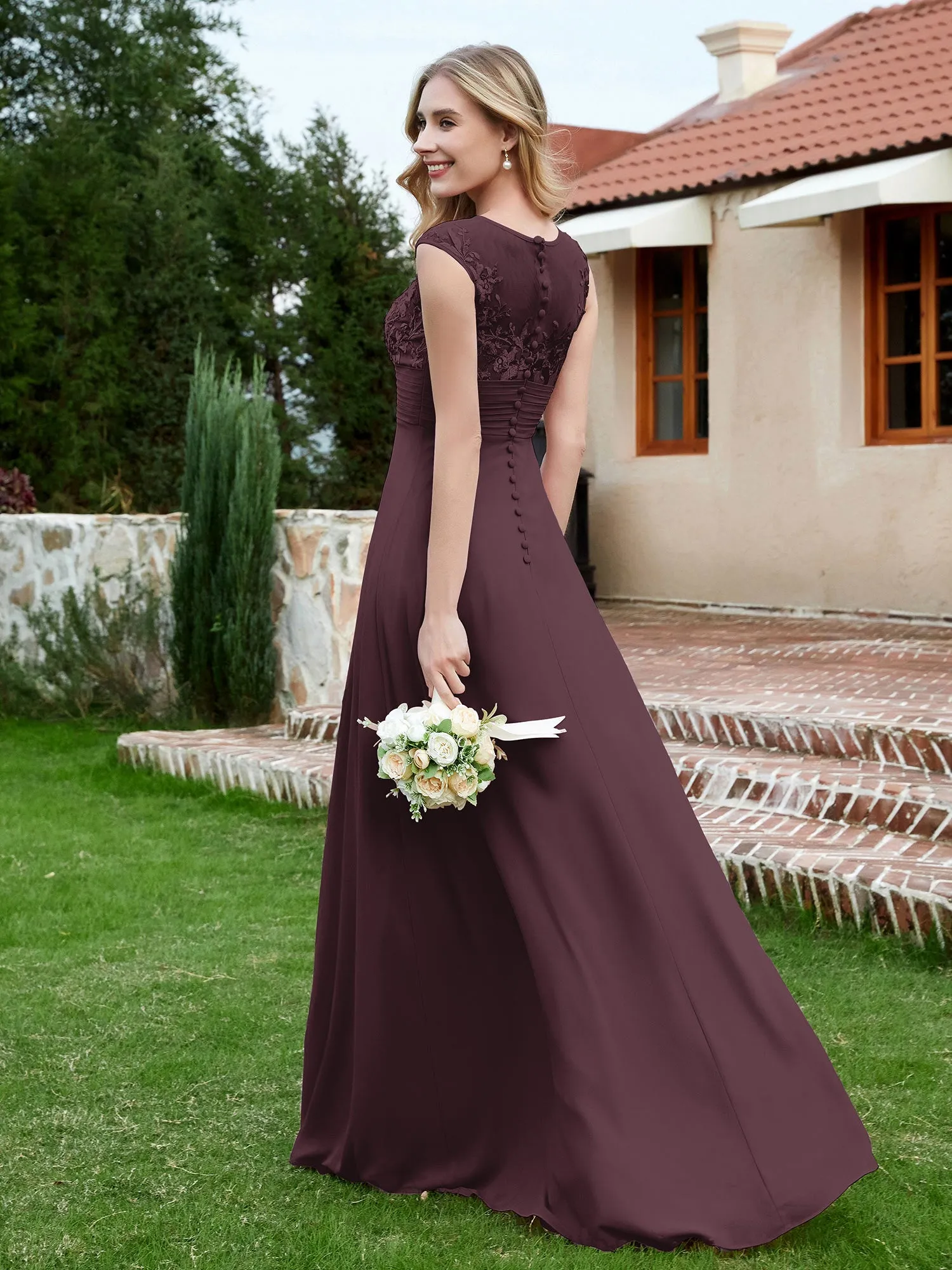 A-Line Chiffon Dress with Illusion Neckline Cabernet Plus Size