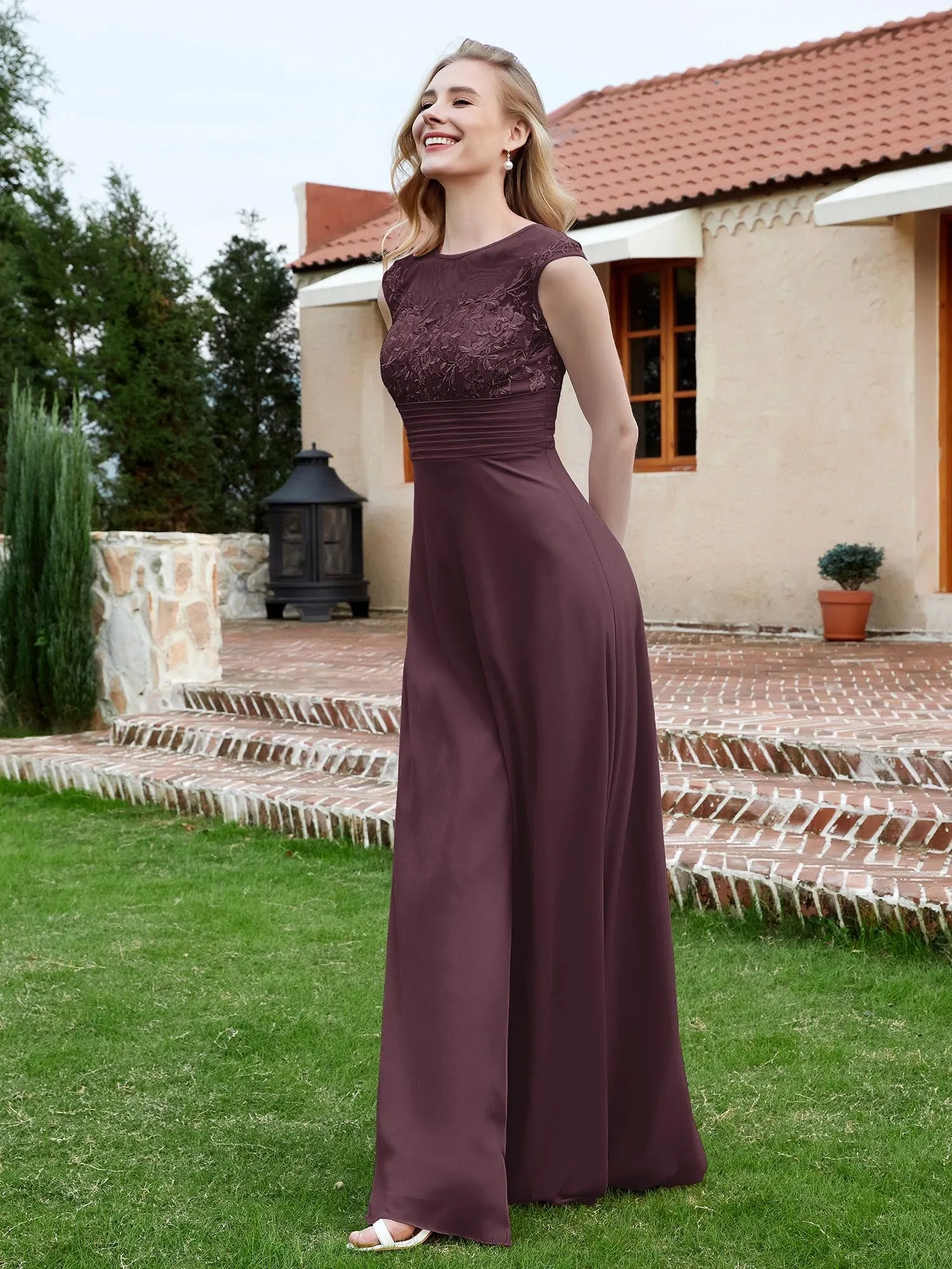 A-Line Chiffon Dress with Illusion Neckline Cabernet Plus Size
