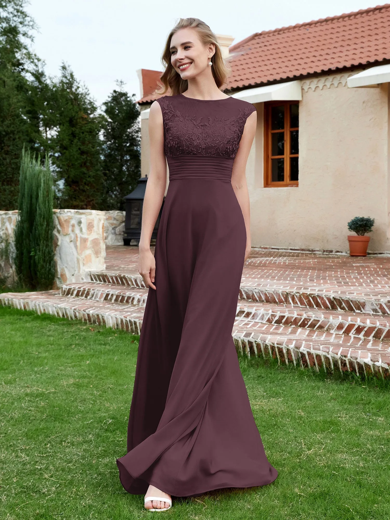 A-Line Chiffon Dress with Illusion Neckline Cabernet Plus Size