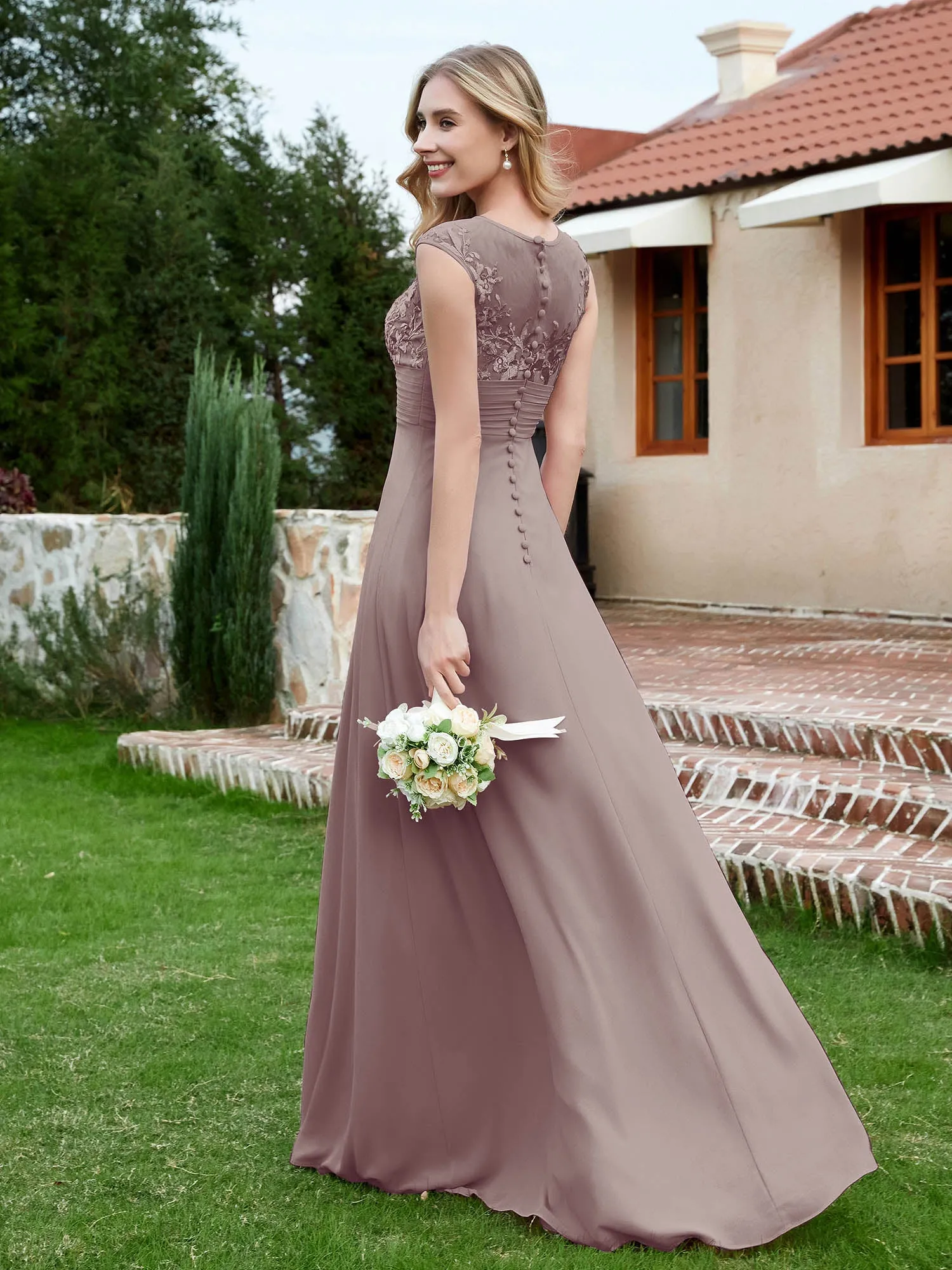 A-Line Chiffon Dress with Illusion Neckline Dusk