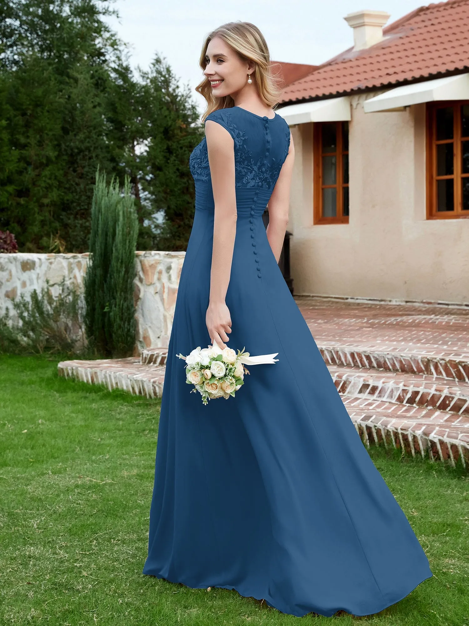 A-Line Chiffon Dress with Illusion Neckline Ink Blue