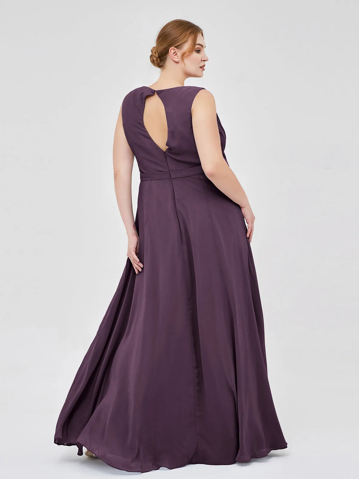 A-line Chiffon Open Back Dress With V-Neck Plum Plus Size