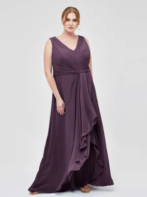 A-line Chiffon Open Back Dress With V-Neck Plum Plus Size