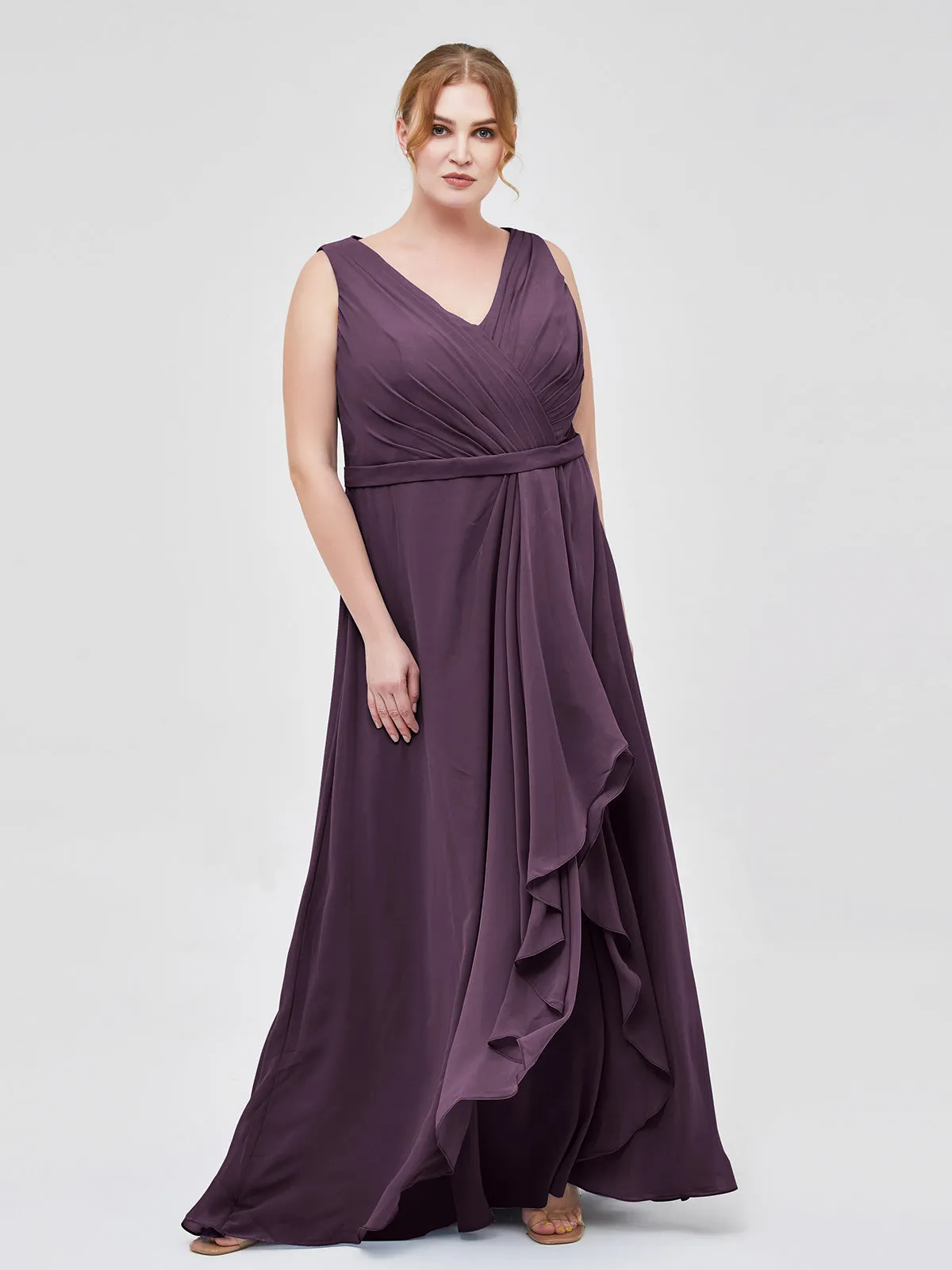 A-line Chiffon Open Back Dress With V-Neck Plum Plus Size