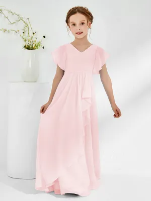 A-line Flutter Sleeves Junior Bridesmaid Dresses Blushing Pink
