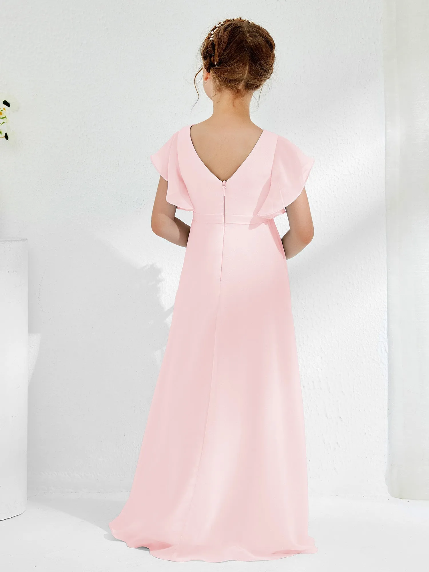 A-line Flutter Sleeves Junior Bridesmaid Dresses Blushing Pink