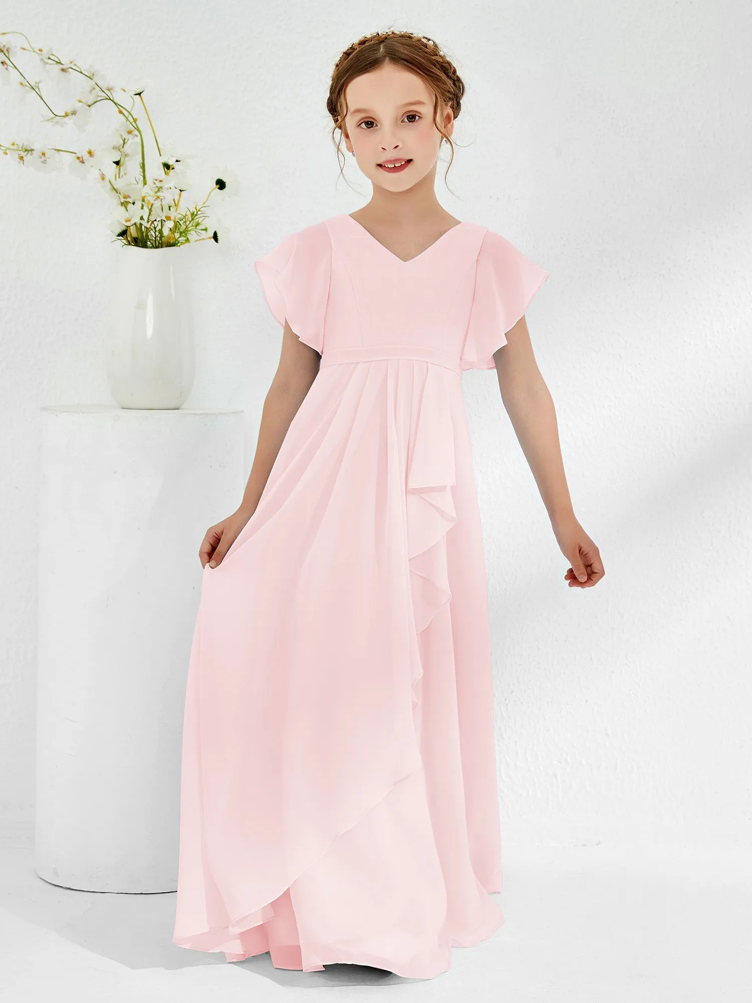 A-line Flutter Sleeves Junior Bridesmaid Dresses Blushing Pink
