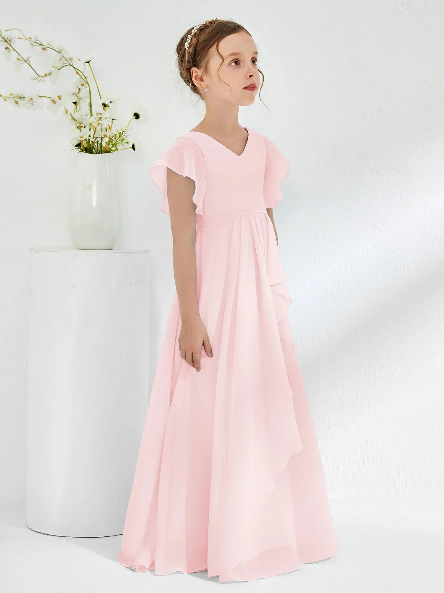 A-line Flutter Sleeves Junior Bridesmaid Dresses Blushing Pink