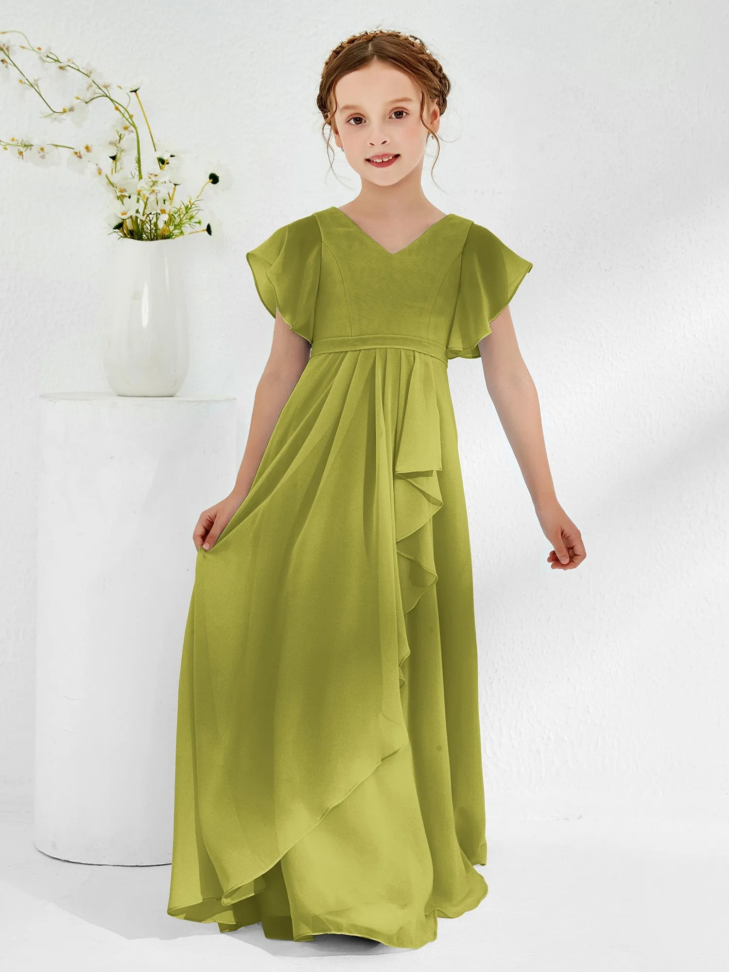 A-line Flutter Sleeves Junior Bridesmaid Dresses Clover