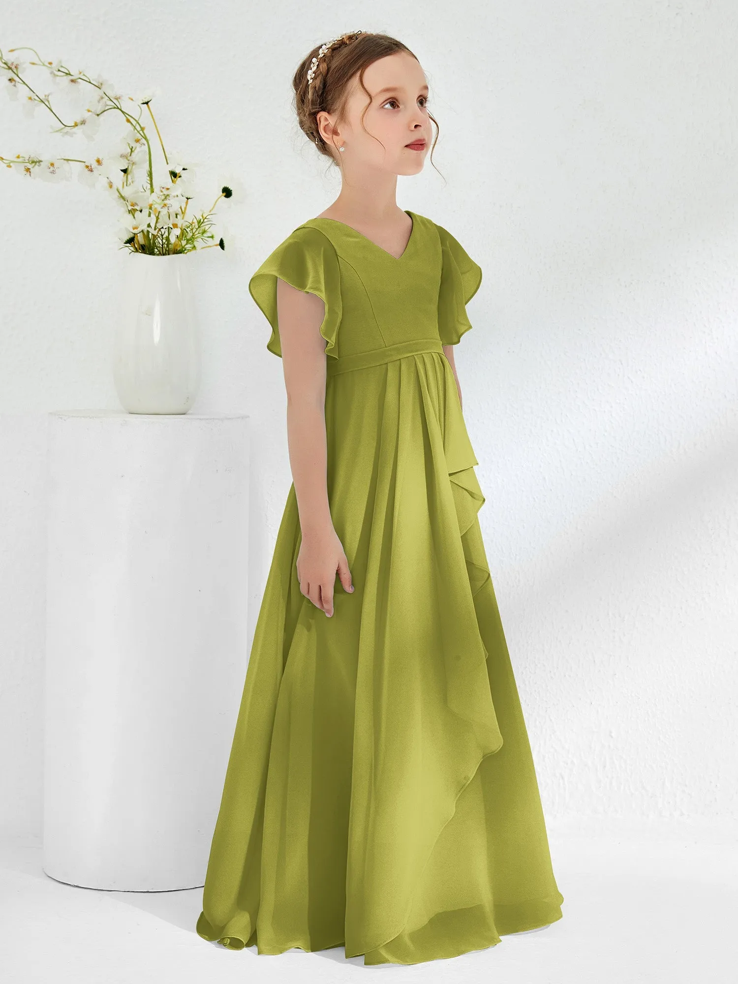 A-line Flutter Sleeves Junior Bridesmaid Dresses Clover