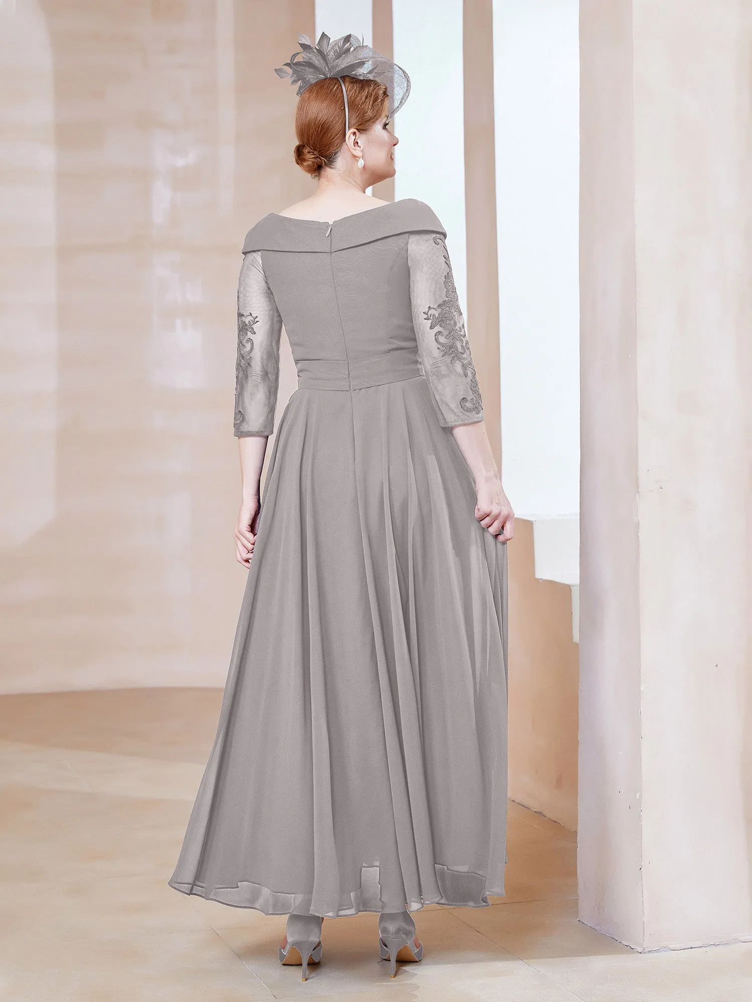 A-line V-neck Appliqued Chiffon Dress Silver