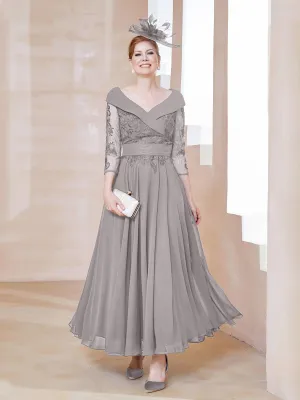 A-line V-neck Appliqued Chiffon Dress Silver