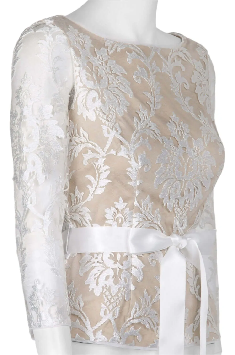 Adrianna Papell Boat Neck 3/4 Sleeve Tie Waist Floral Embroidered Mesh Blouse
