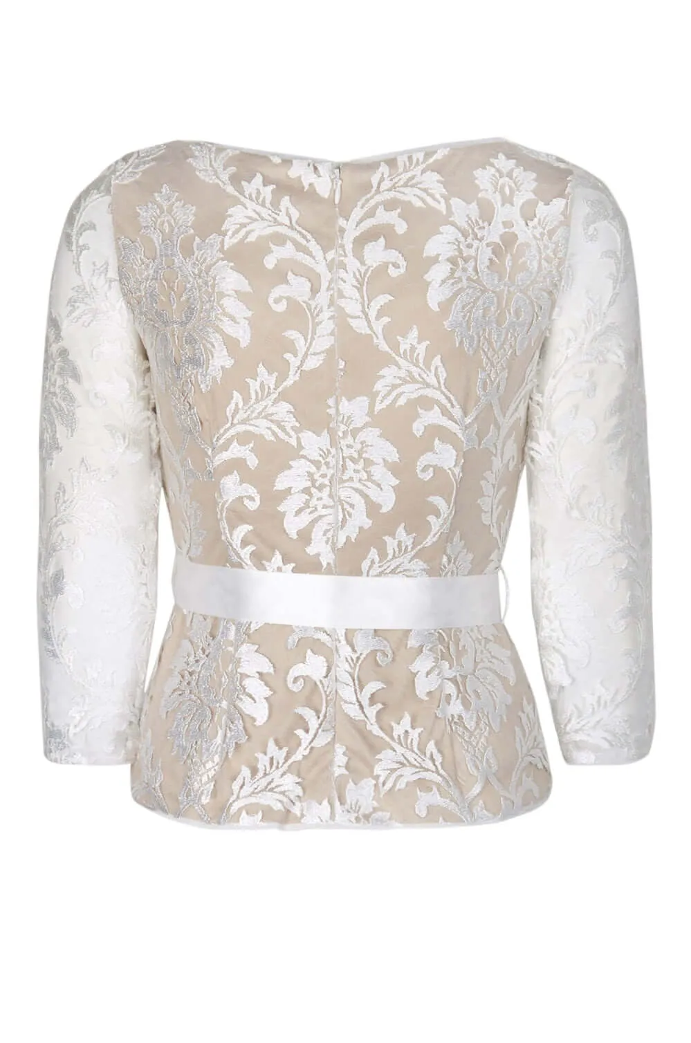 Adrianna Papell Boat Neck 3/4 Sleeve Tie Waist Floral Embroidered Mesh Blouse