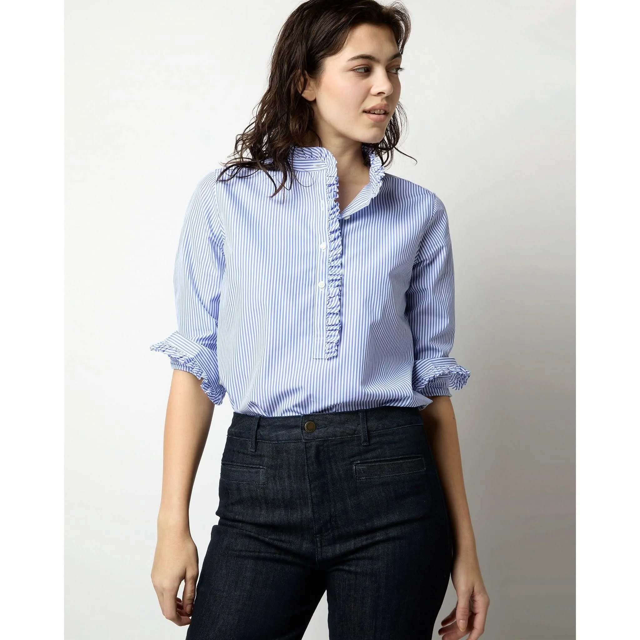 Ann Mashburn Frill Shirt Blue Bengal Stripe Poplin