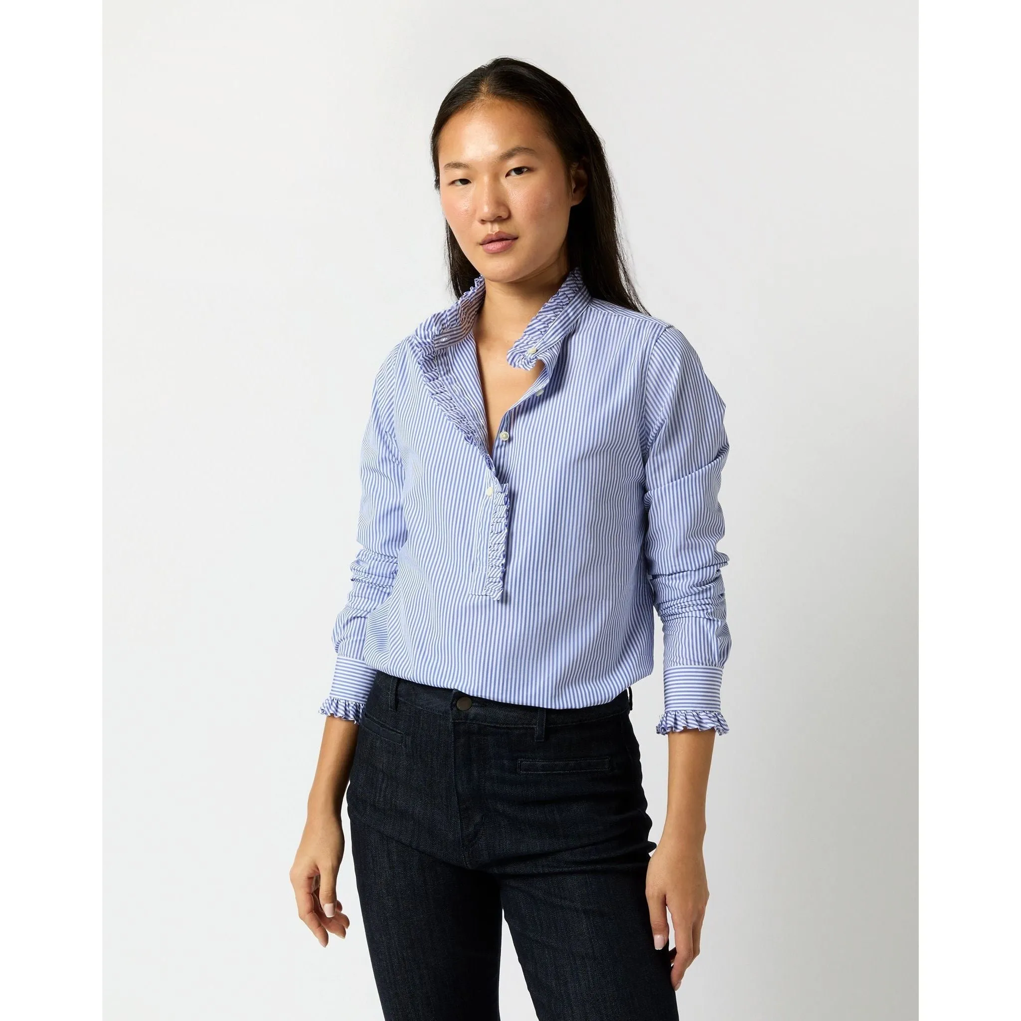 Ann Mashburn Frill Shirt Blue Bengal Stripe Poplin