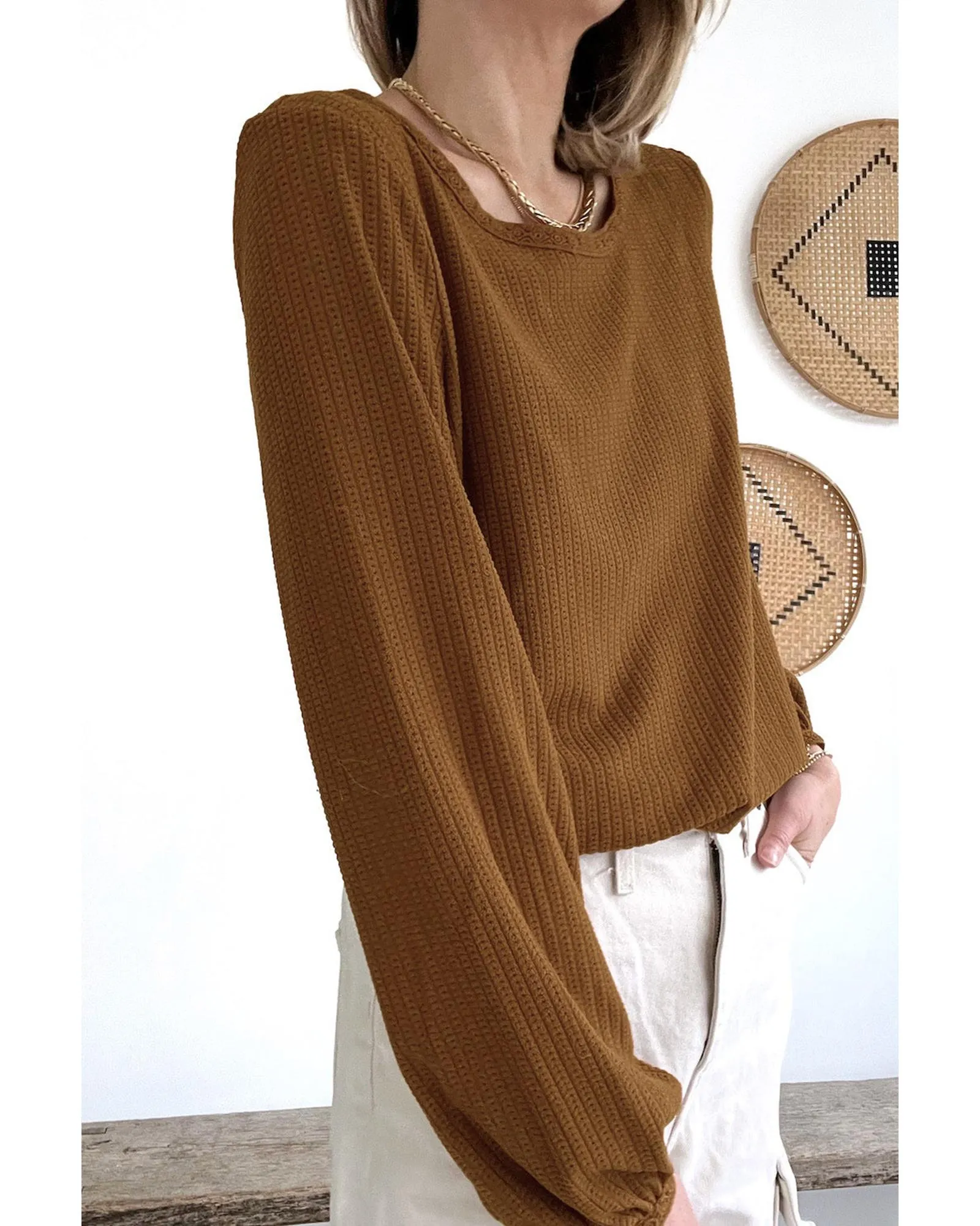 Azura Exchange Textured Puff Sleeve Top - L