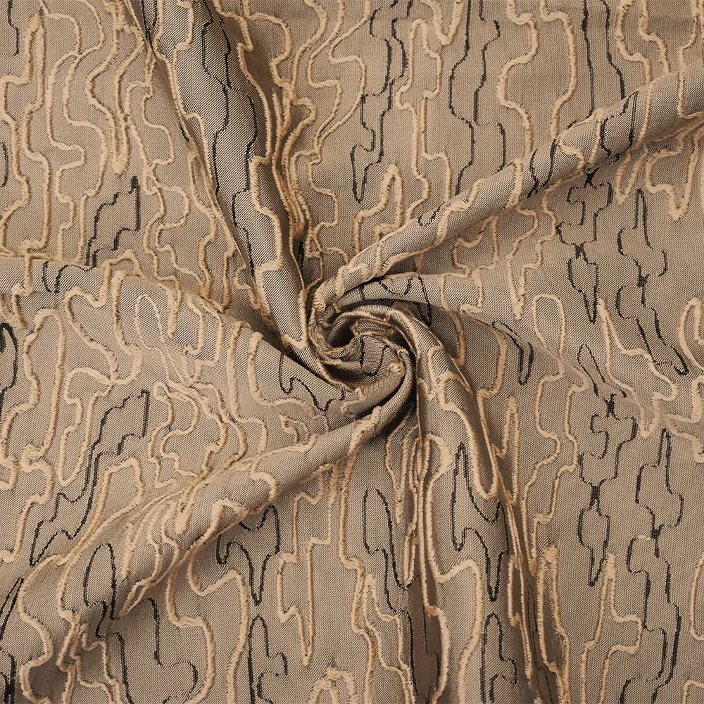 Beige-Black Polyester Abstract Embroidered Jacquard Woven Fabric