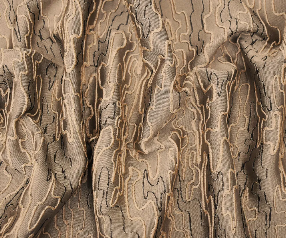 Beige-Black Polyester Abstract Embroidered Jacquard Woven Fabric