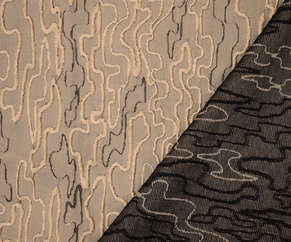 Beige-Black Polyester Abstract Embroidered Jacquard Woven Fabric