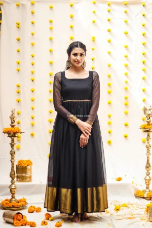 Black Georgette Maxi Dress With Dull Gold Border