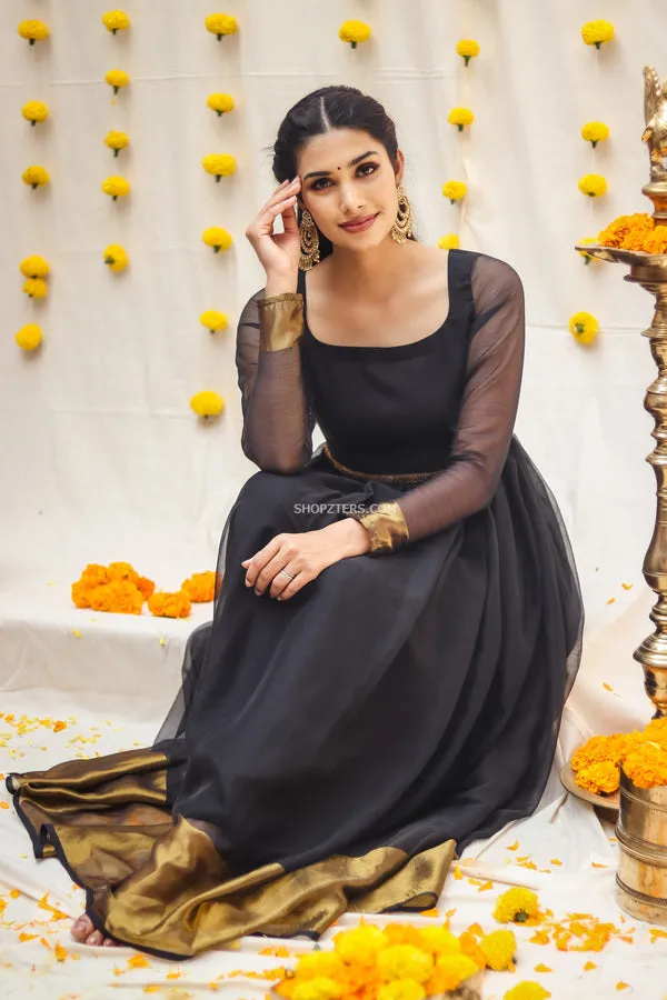 Black Georgette Maxi Dress With Dull Gold Border