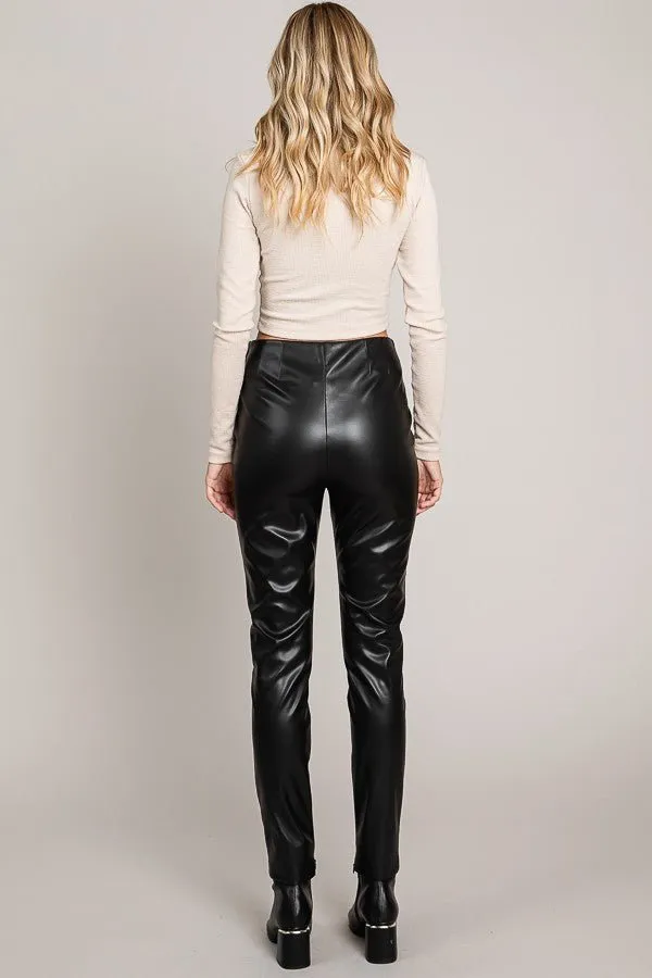 Black Pleather Zipper Leg Slit Tapered Trousers