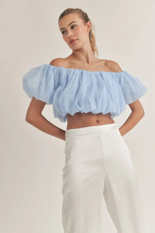 Blue Off Shoulder Balloon Sleeve Crop