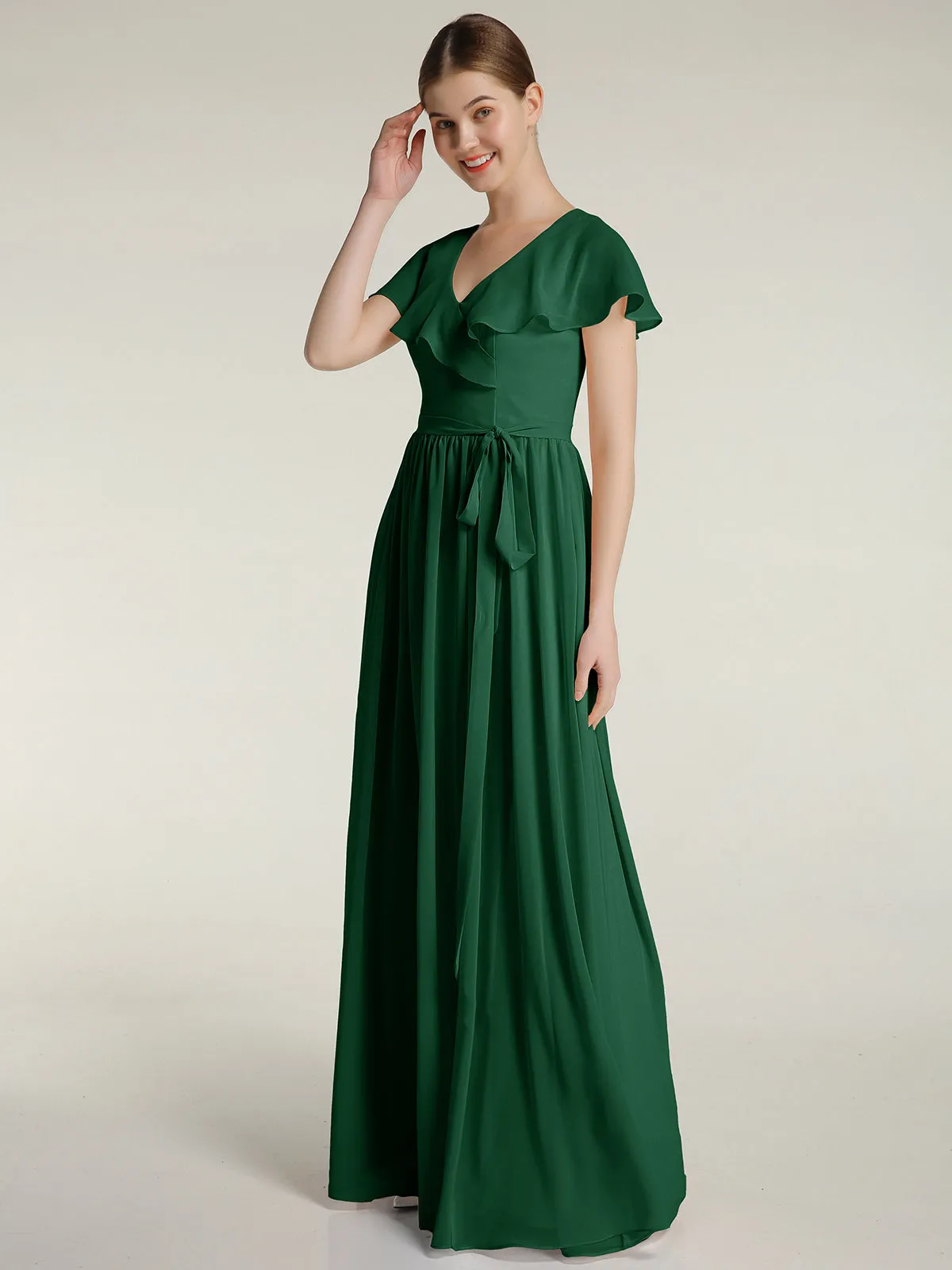 Cap Sleeves Long Chiffon Dresses with Slit-Dark Green