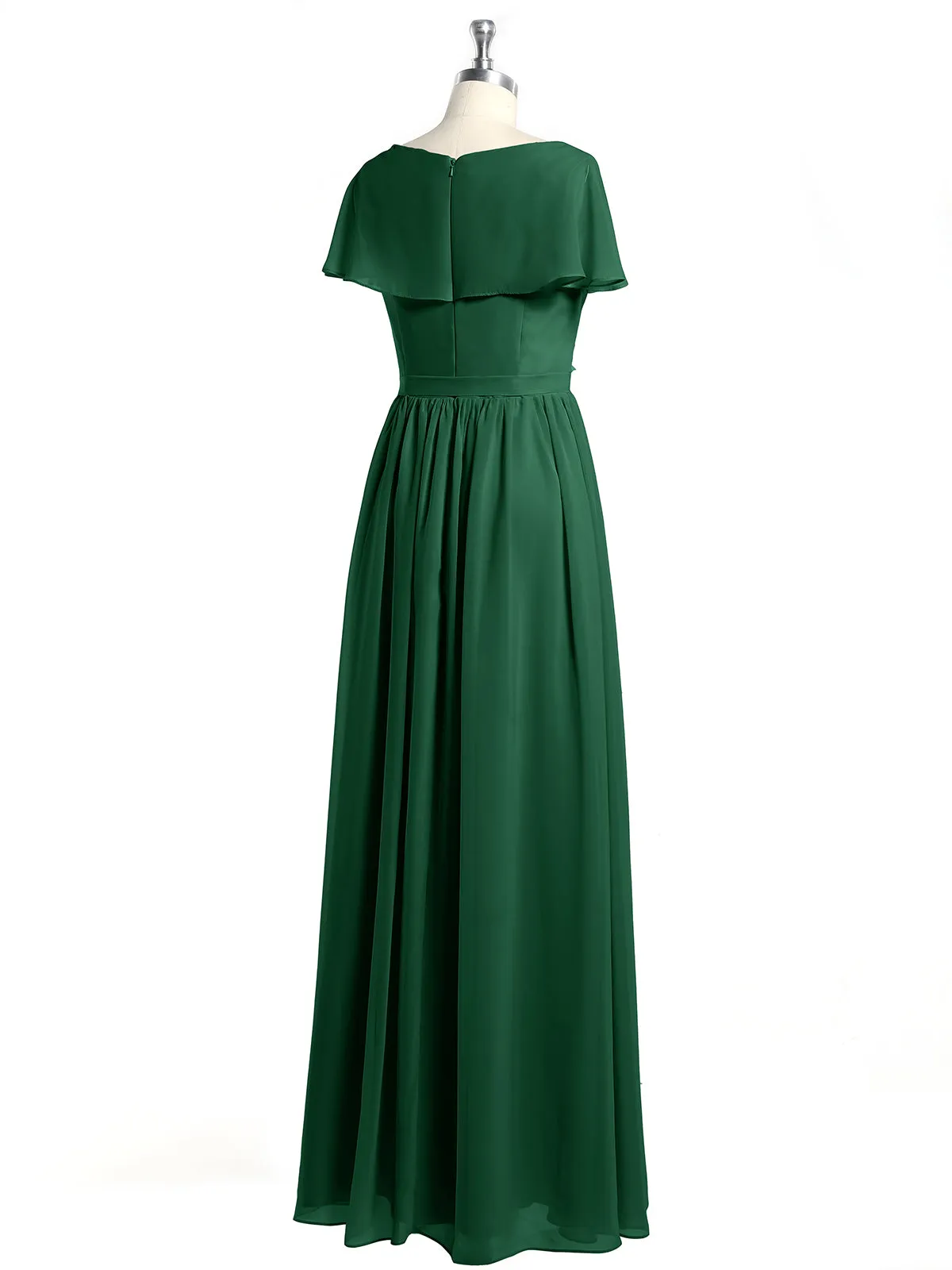 Cap Sleeves Long Chiffon Dresses with Slit-Dark Green