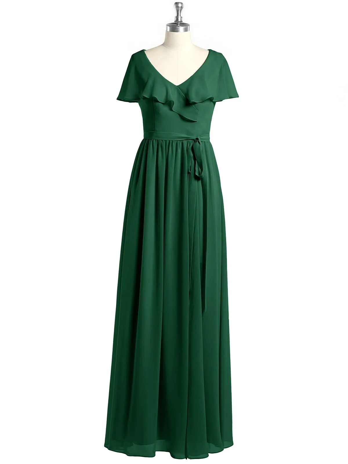 Cap Sleeves Long Chiffon Dresses with Slit-Dark Green