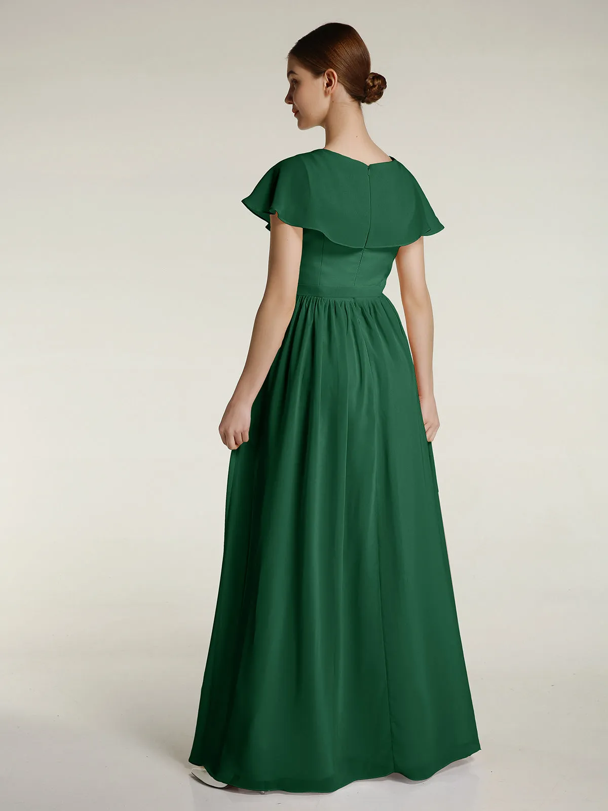 Cap Sleeves Long Chiffon Dresses with Slit-Dark Green