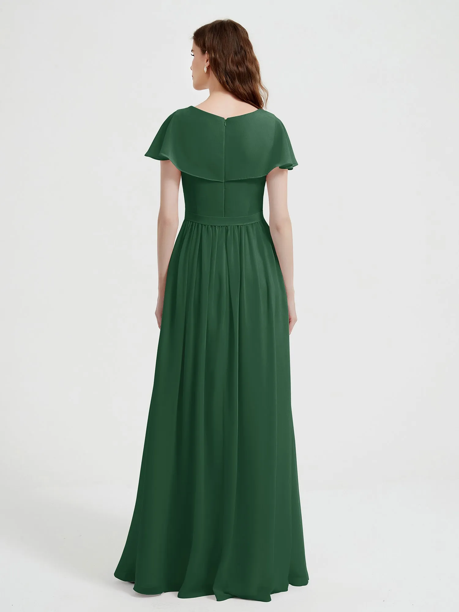 Cap Sleeves Long Chiffon Dresses with Slit-Dark Green