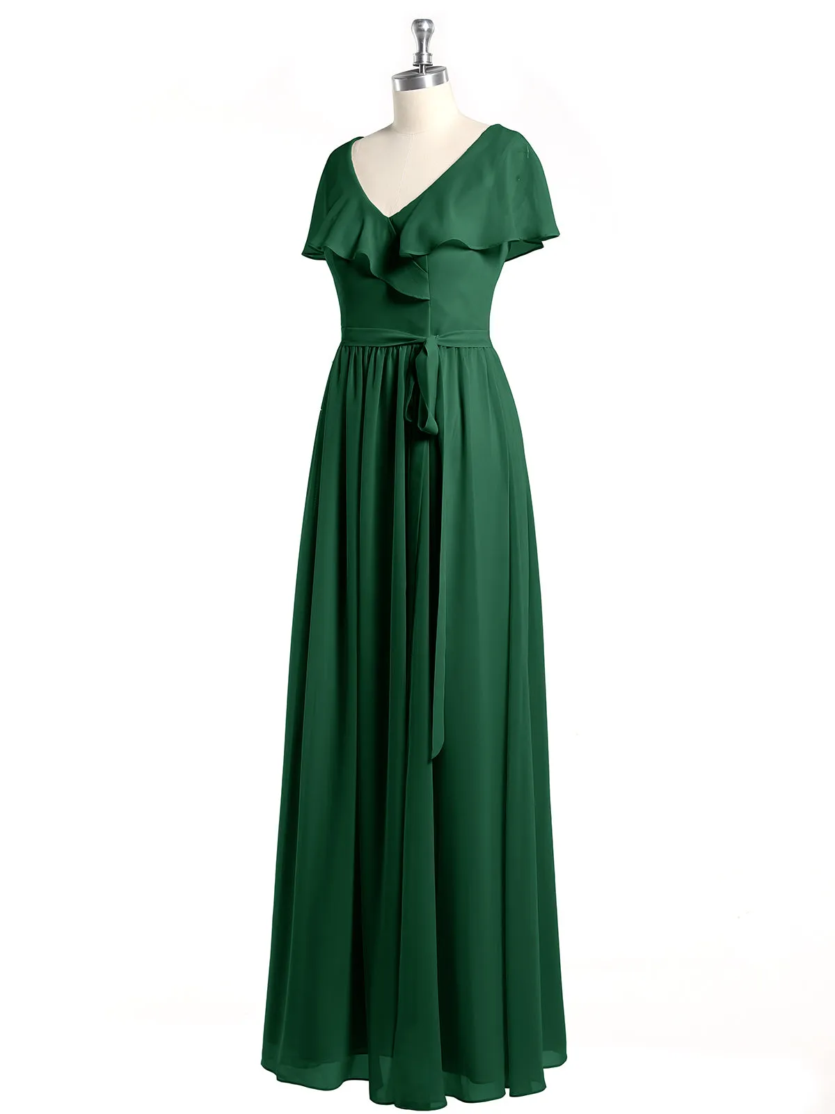 Cap Sleeves Long Chiffon Dresses with Slit-Dark Green