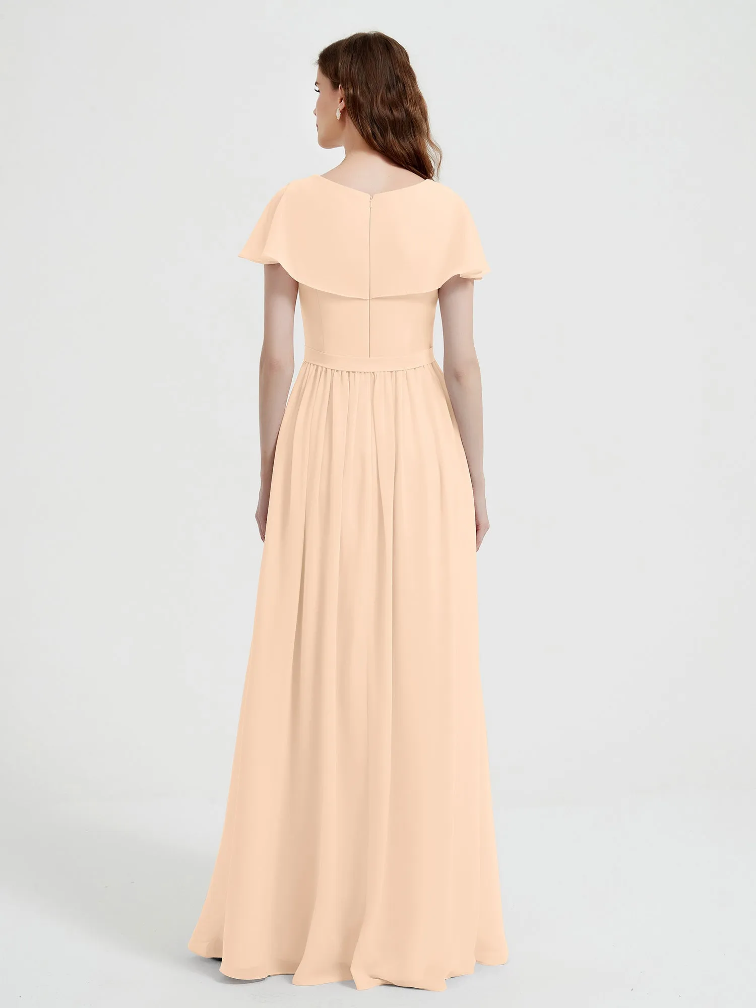 Cap Sleeves Long Chiffon Dresses with Slit-Peach Plus Size