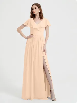 Cap Sleeves Long Chiffon Dresses with Slit-Peach Plus Size