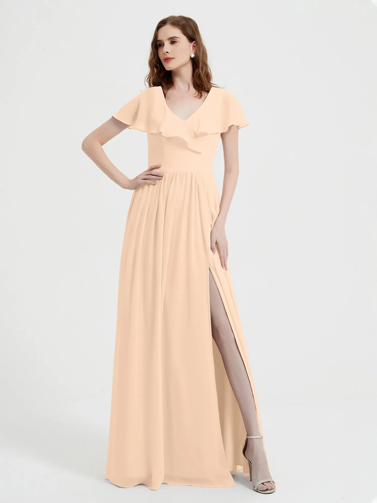 Cap Sleeves Long Chiffon Dresses with Slit-Peach Plus Size