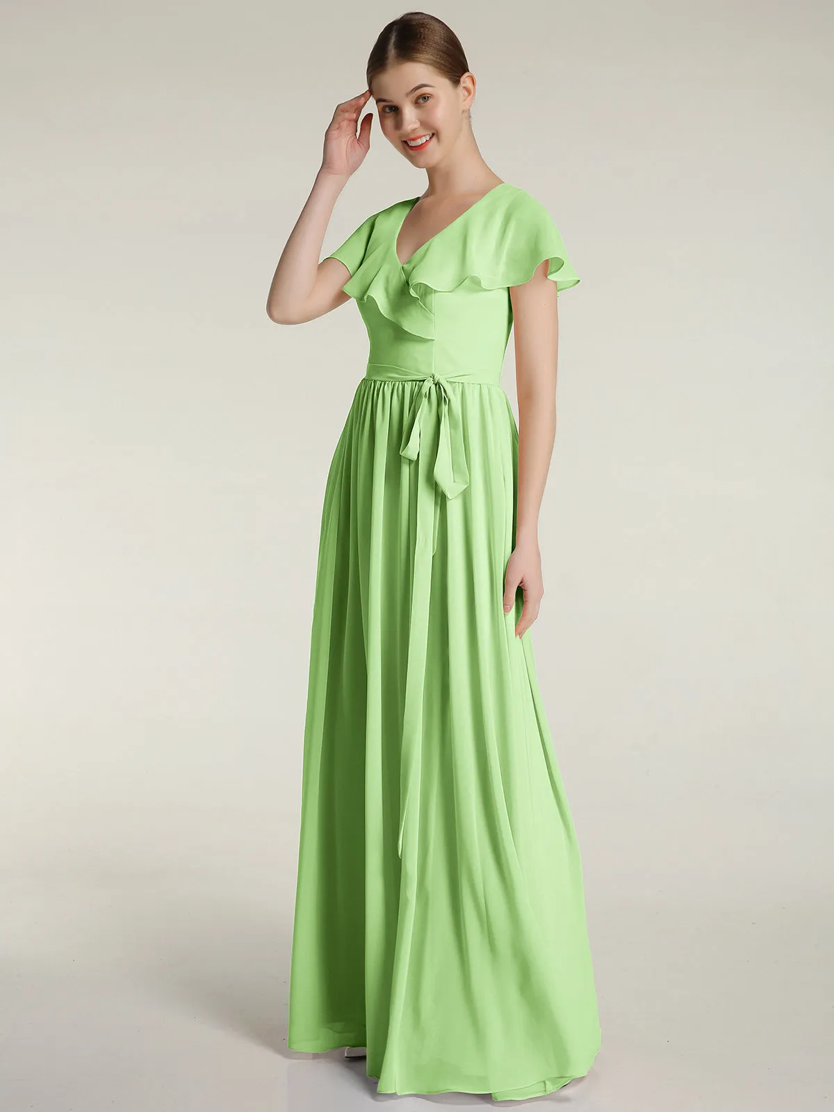 Cap Sleeves Long Chiffon Dresses with Slit-Sage