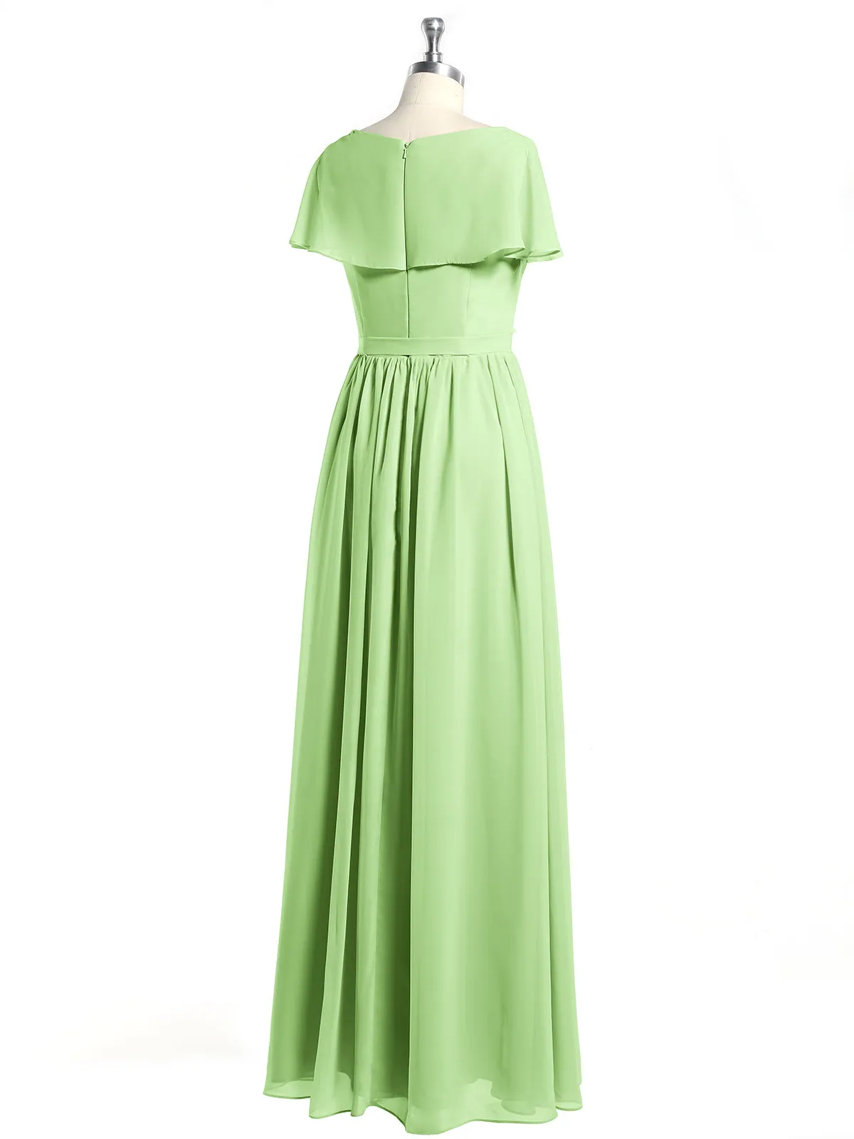 Cap Sleeves Long Chiffon Dresses with Slit-Sage