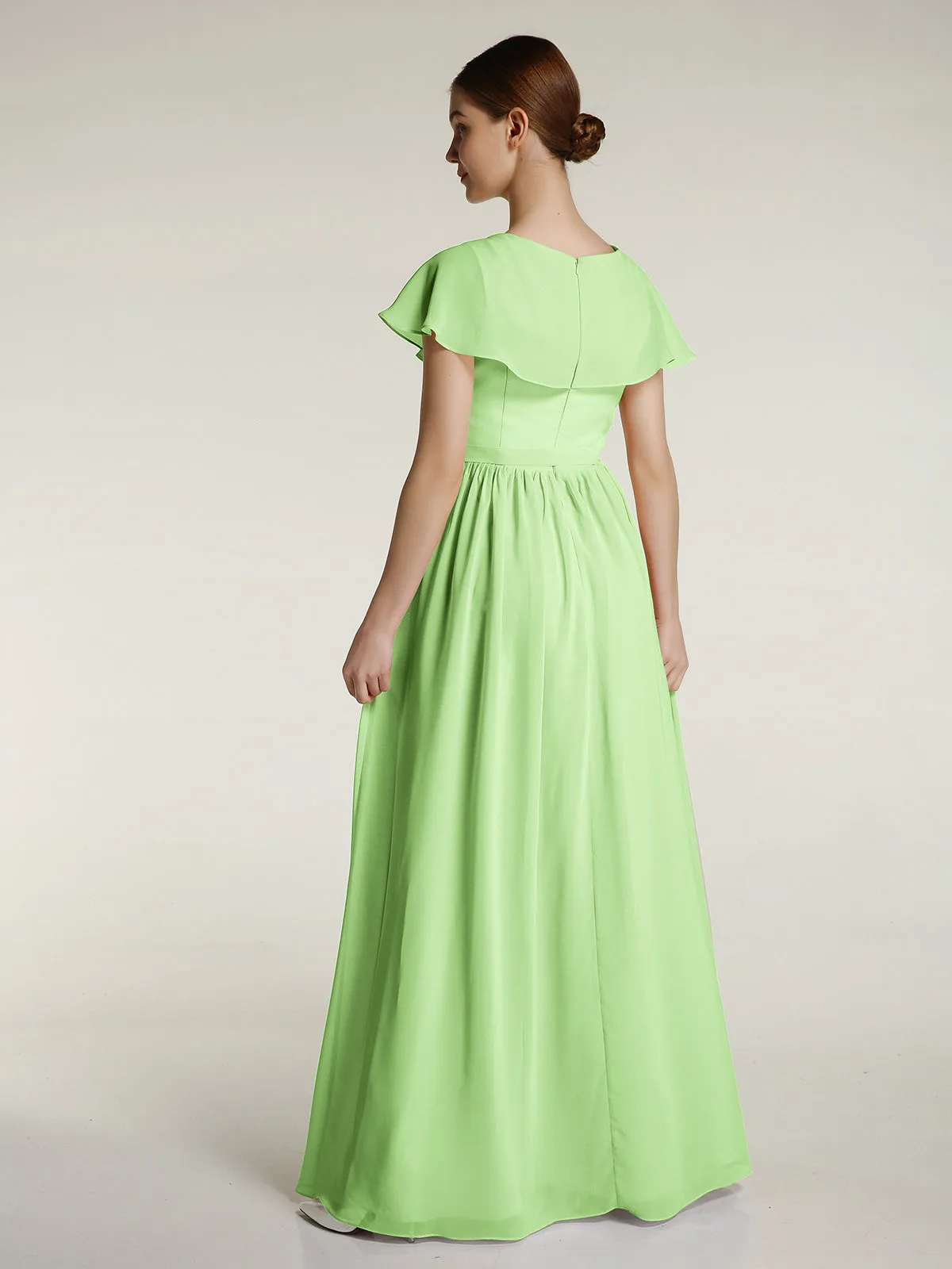 Cap Sleeves Long Chiffon Dresses with Slit-Sage