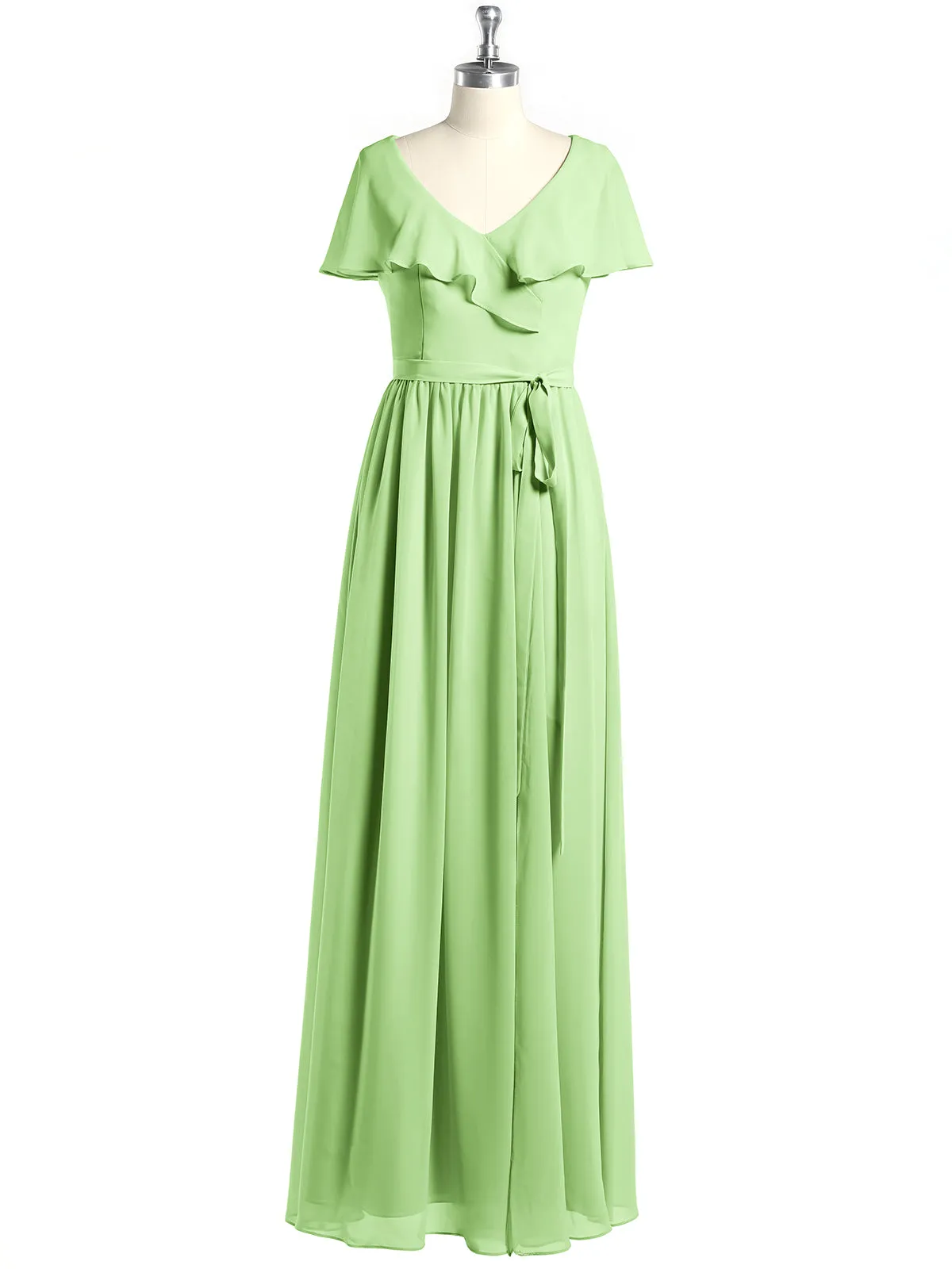 Cap Sleeves Long Chiffon Dresses with Slit-Sage