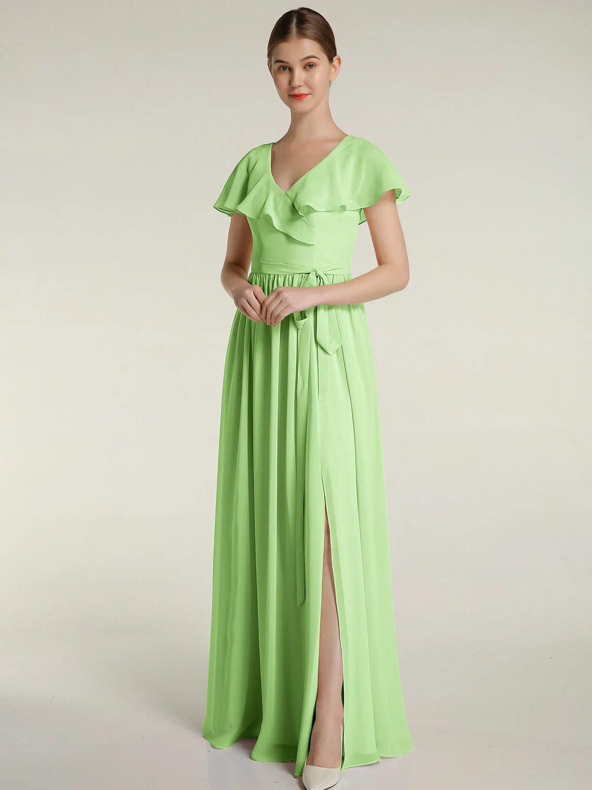 Cap Sleeves Long Chiffon Dresses with Slit-Sage