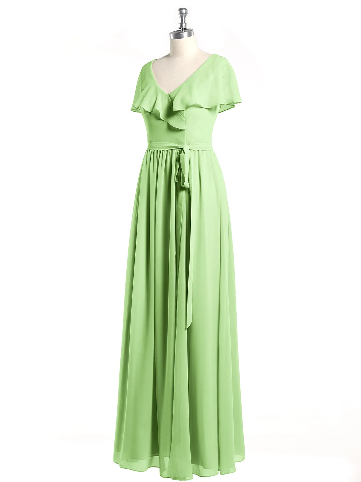 Cap Sleeves Long Chiffon Dresses with Slit-Sage