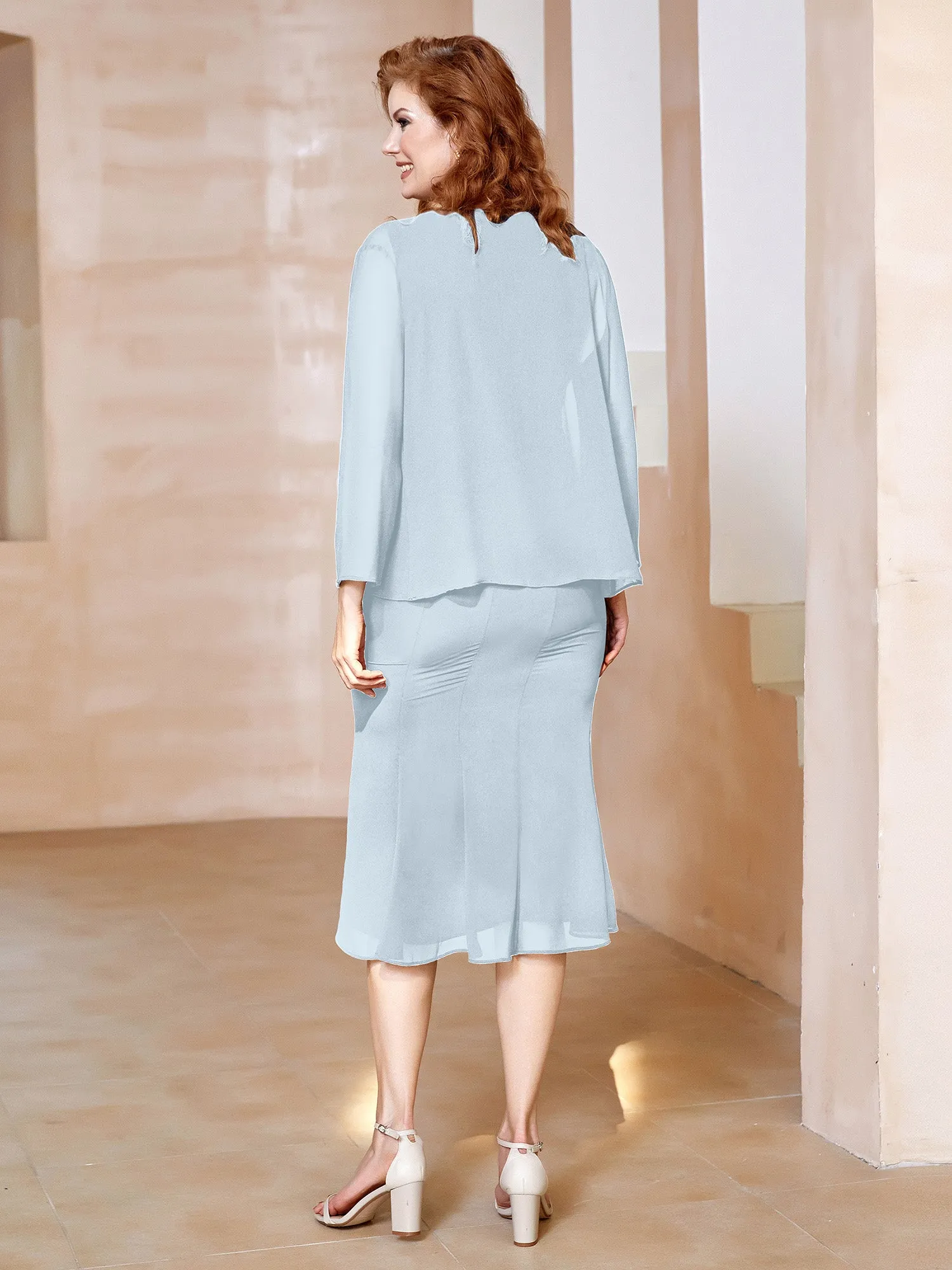 Chiffon Beaded Tea-length Dress with Jacket Mist