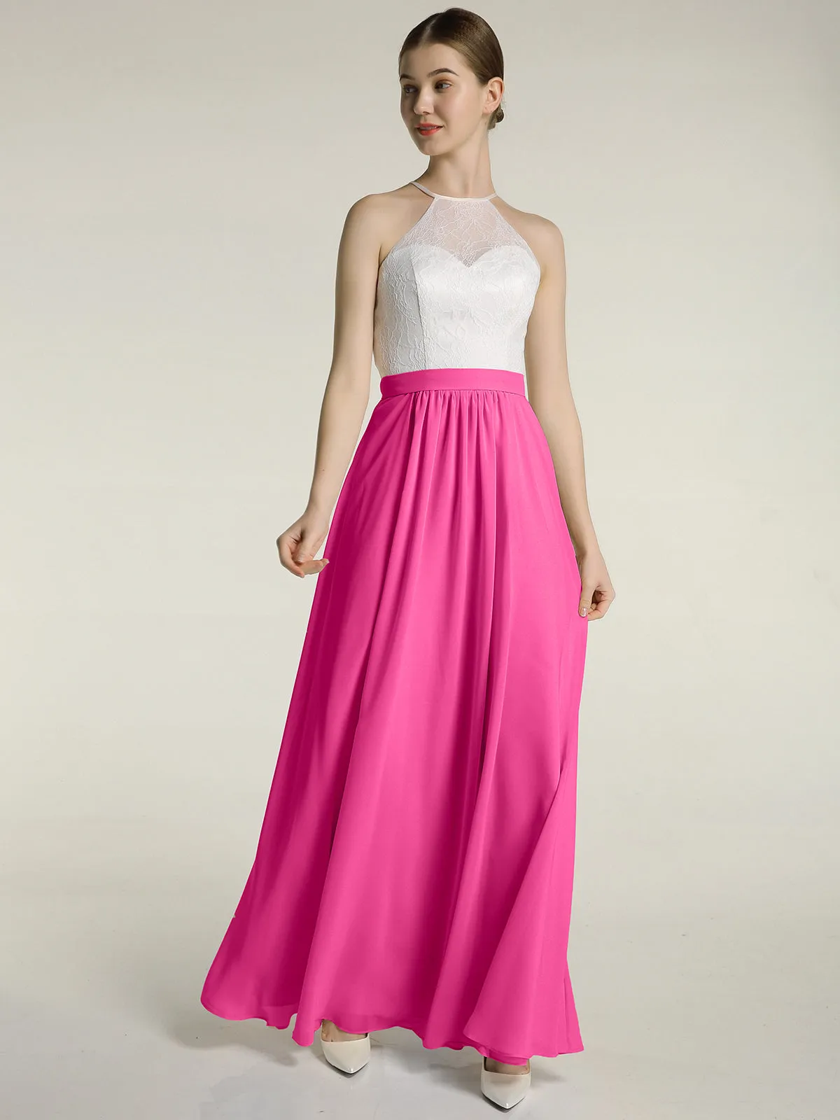 Chiffon Long Dresses with Ivory Lace Bodice-Azalea